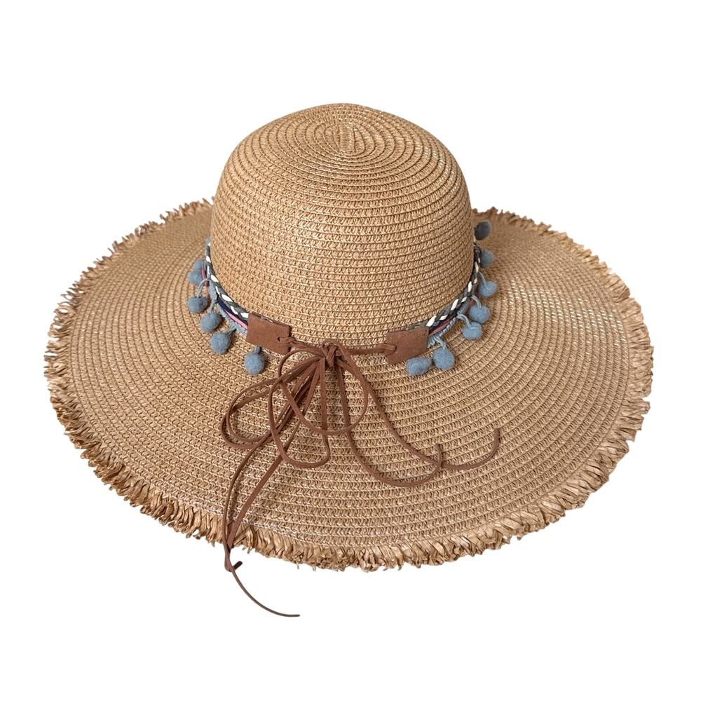 Nicole Marciano 100% Straw Tan Sun Hat with Blue Pom Poms & Tie - One Size